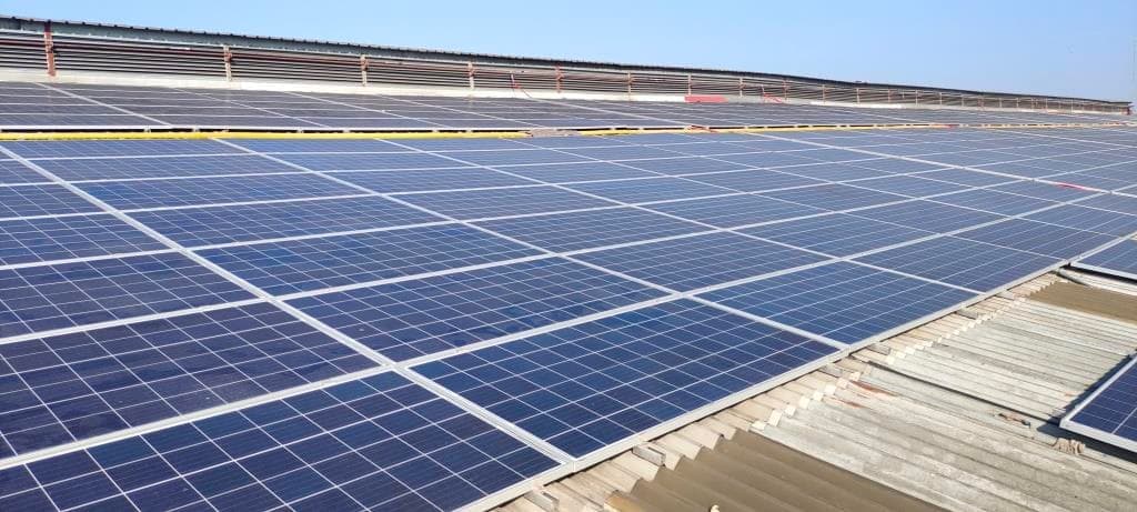 Large array of solar panels covering a corrugated metal shed roof under a clear sky.