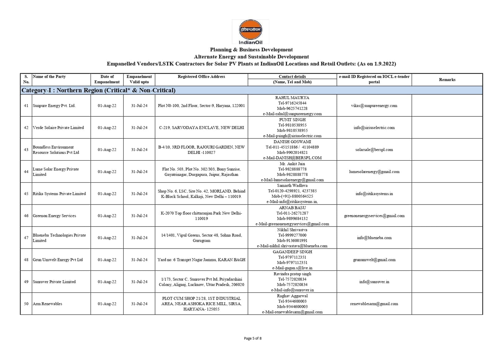 Page 5 of 8 of Indian Oil's list of empanelled vendors and turnkey contractors for solar PV plants at its locations and retail outlets, as on 1 September 2022, Category-I Northern Region, with Verde Solaire Private Limited at serial 42.